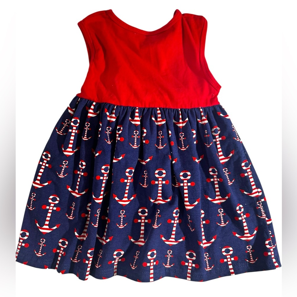 EUC Red and Blue Nautical Dress with Gray Cardigan and Graphic Tee 3t - Picture 3 of 5